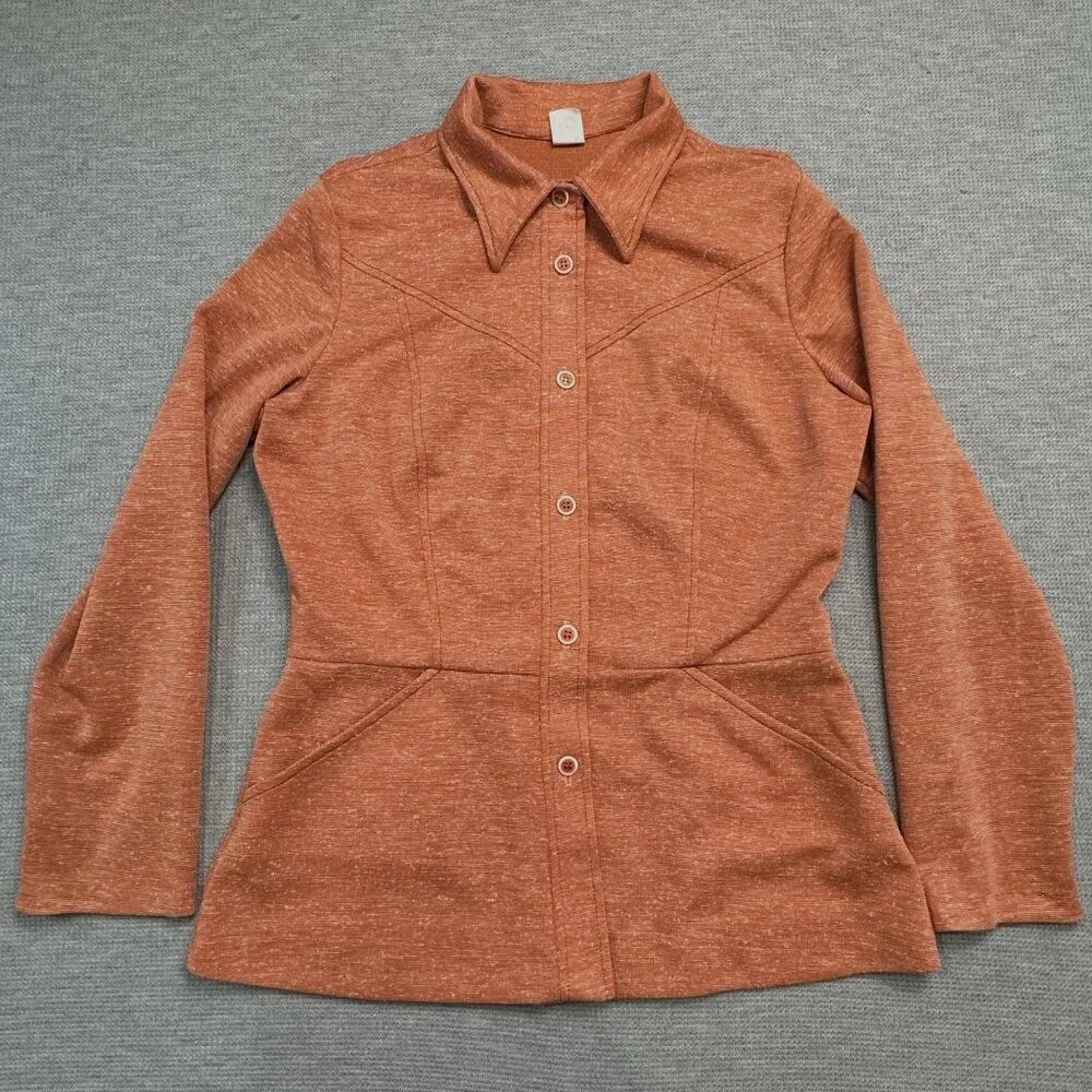 Vintage Rust Orange Button-Up Long Sleeve Shirt Jacket Size 16 Heathered Pockets - Picture 3 of 16
